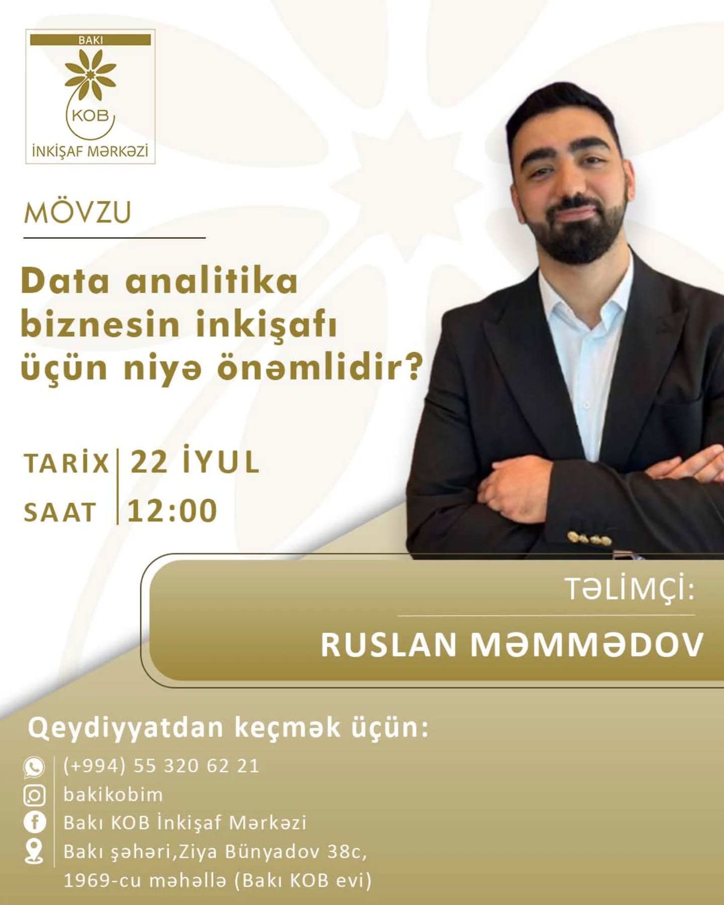 İyulun 22-də Bakı KOB İnkişaf Mərkəzi (KOBİM) tərəfindən "Data analitika biznesin inkişafı üçün niyə önəmlidir?" mövzusunda maarifləndirici təlim keçiriləcək.